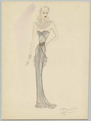 Ein langes Corsagenkleid mit Gürtel und Hüftdrapierung (Archivtitel)