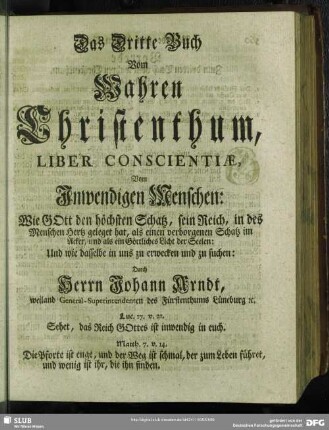 Das Dritte Buch Vom Wahren Christenthum, Liber Conscientiae, Vom Inwendigen Menschen ...