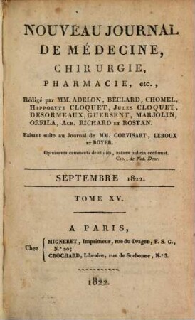 Nouveau journal de médecine, chirurgie, pharmacie. 15, 15. 1822
