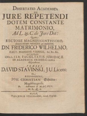Dissertatio Academica De Iure Repetendi Dotem Constante Matrimonio : Ad L. 29. C. de Iure Dot.