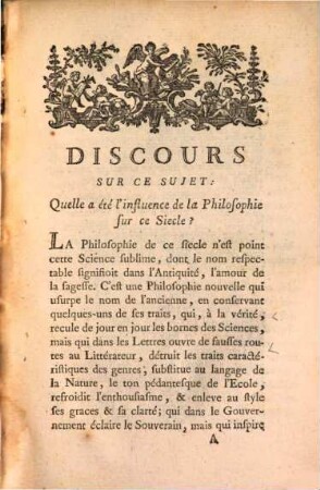 Discours ... sur ce sujet: quelle a été l'influence de la philosophie sur ce siècle