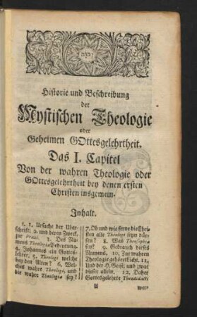 Historie und Beschreibung der Mystischen Theologie oder Geheimen Gottesgelehrtheit.