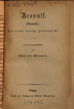 Beovulf : (Bärwelf) ; das älteste deutsche Heldengedicht