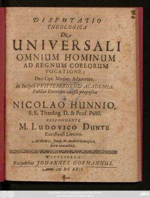Disputatio Theologica De Universali Omnium Hominum Ad Regnum Coelorum Vocatione