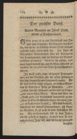 Der zwölfte Brief. Aaron Monceca an Isaak Onis, Rabbi zu Constantinopel