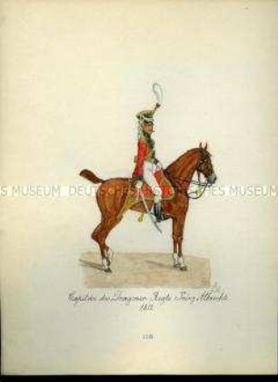 Uniformdarstellung, Kapitän des Dragoner-Regiments "Prinz Albrecht" zu Pferd, 1811. Aus: Sammelmappe "Sachsens Militär", Königliche Arsenalsammlung.
