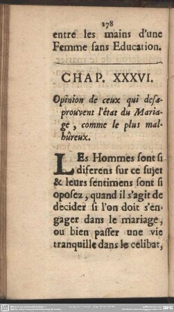 Chap. XXXVI. Opinion de ceux qui desaprouvent l'état du Mariage, comme le plus malhûreux