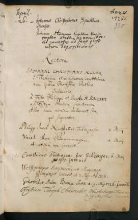 Sommerhalbjahr 1726. Rektorat Johann Christian Klemm