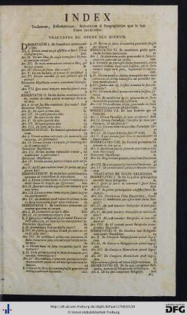 Index Tractatuum, Dissertationum, Articulorum et Paragraphorum quae in hoc Tomo continentur.