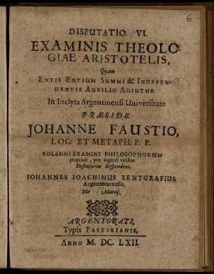Disputatio. VI. Examinis Theologiae Aristotelis