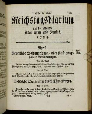 Reichstagsdiarium auf die Monate April May und Junius. 1785.
