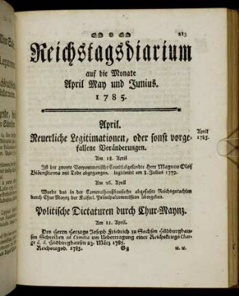 Reichstagsdiarium auf die Monate April May und Junius. 1785.