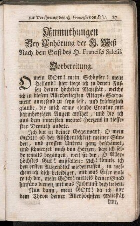Anmuthungen Bey Anhörung der H. Meß Nach dem Geist des H. Francisci Salesii.