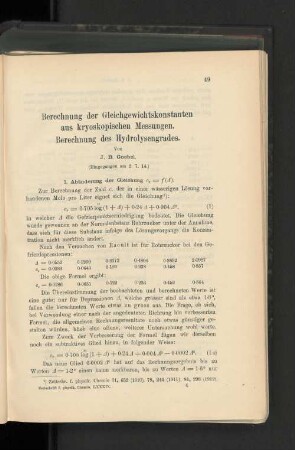 Berechnung der Gleichgewichtskonstanten aus kryoskopischen Messungen. Berechnung des Hydrolysengrades.