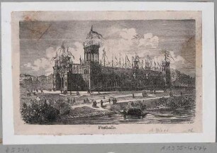 Die Festhalle des Ersten Deutschen Sängerbundfestes in Dresden vom 22. bis 25. Juli 1865 von Architekt Ernst Giese und Konstrukteur Baumeister Ed. Müller auf den Elbwiesen unterhalb des Waldschlösschens, im Vordergrund die Elbe