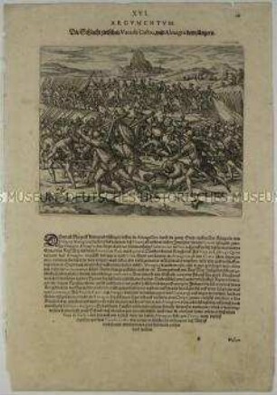 Schlacht zwischen Vaca de Castro und Almagro, dem Jüngeren - Illustration aus de Bry, Große und Kleine Reisen (Peru XVI/16)
