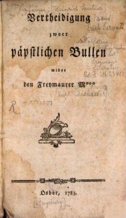 Vertheidigung zwoer päpstlichen Bullen wider den Freymaurer M*** [i.e. Karl Joseph Michaeler]