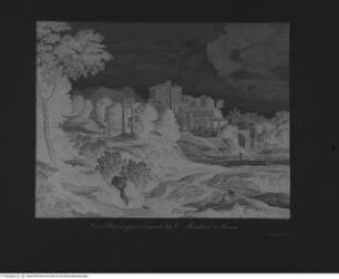 Raccolta di paesi di Gaspare Dughet detto Pussino / incisi all'acqua forte da A. Heydeck in Dessau 1849; Paris 1849, Taf. 8: Bergige Landschaft mit zwei Säulen vor einer Stadt
