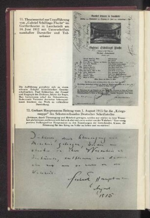 72. Gerhart Hauptmanns Beitrag vom 1. August 1915 für die "Kriegsmappe" des Schutzverbandes Deutscher Schriftsteller