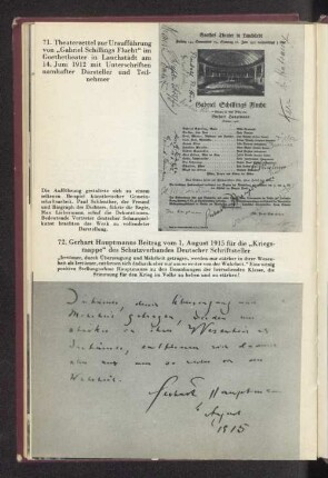 72. Gerhart Hauptmanns Beitrag vom 1. August 1915 für die "Kriegsmappe" des Schutzverbandes Deutscher Schriftsteller