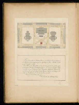 Schillerdenkmal auf dem Gendarmenmarkt, Berlin Monatskonkurrenz November 1859: Ausschreibungstext mit Lageplan, darin eingezeichnet die Brunnenanlage