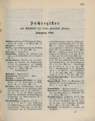 Sachregister zum Gesetzblatt der freien Hansestadt Bremen Jahrgang 1893
