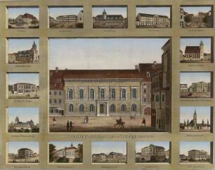 Ansicht der Deutschen Buchhändler Börse in Leipzig, Lithogr.,1850 : Deutsche Buchhändler Börse in Leipzig. - [S.l.] , [ca. 1850]. - 17 Ansichten auf 1 Kunstblatt : mehrfarb. Lithogr. ; Blattgr. 52 x 42 cm