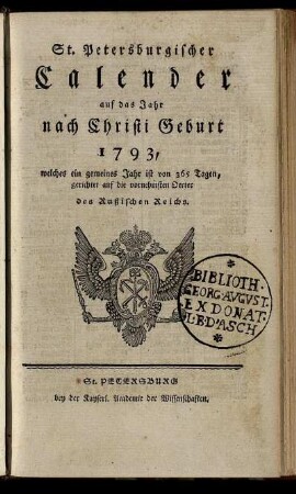 1793: St. Petersburgischer Calender auf das Jahr nach Christi Geburt 1793