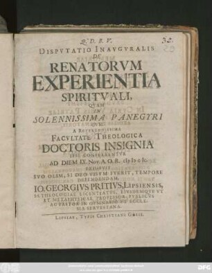 Disputatio Inauguralis De Renatorum Experientia Spirituali