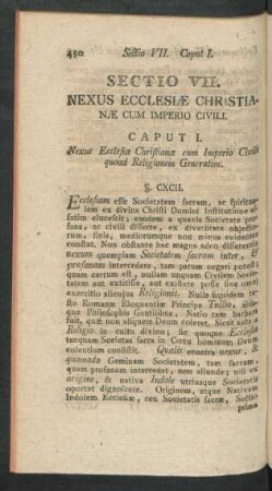 Caput I. Nexus Ecclesiae Christianae cum Imperio Civili quoad Religionem Generatim