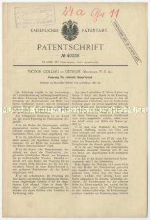 Patentschrift einer Feuerung für stehende Dampfkessel, Patent-Nr. 40238