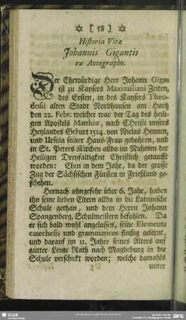 Historia Vitae Johannis Gigantis ex Autographo