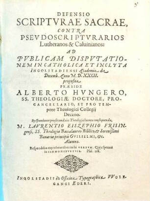 Defensio Scriptvrae Sacrae, Contra Psevdoscriptvrarios Lutheranos & Caluinianos