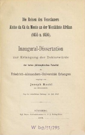 Die Reisen des Venetianers Alvise da Cà da Mosto an der Westküste Afrikas : (1455 u. 1456)