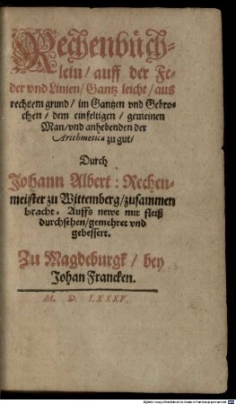 Rechenbüchlein, auff der Feder und Linien ...