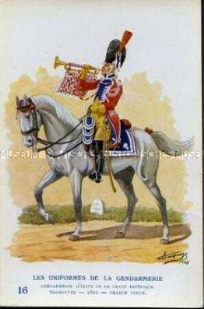 Uniformdarstellung, Postkarte, Trompeter der Elite-Feldgendarmerie der Kaiserlichen Garde in großer Uniform zu Pferd, Frankreich, 1806, Nr. 16 der Serie "Les Uniformes de la Gendarmerie Maréchaussée".