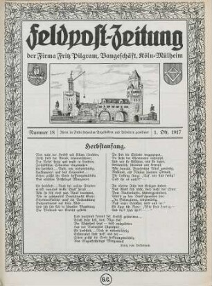 18.1917: Feldpost-Zeitung der Firma Fritz Pilgram, Baugeschäft, Köln-Mülheim