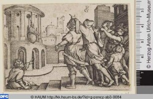 Der Zauberer Virgil in einem Korb aufgehängt