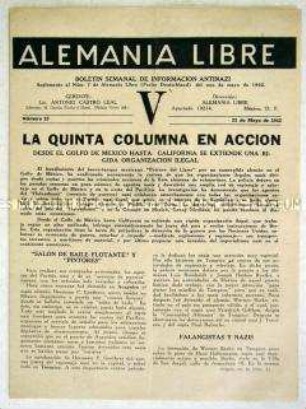 Beilage der Exil-Zeitung "Alemania libre" über die illegalen Aktivitäten der fünften Kolonne.