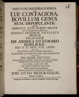 Disputatio Inauguralis Medica De Lue Contagiosa, Bovillum Genus Nunc Depopulante