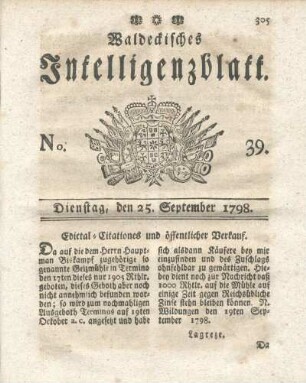 No. 39, Dienstag, den 25. September 1798