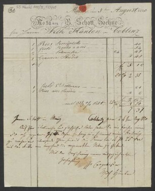 [Rechnung] Nota von B. Schott Soehne für Herrn Wilh. Hünten