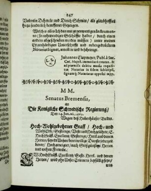 MM. Senatus Bremensis, an Die Konigliche Schwedische Regierung/ [...]