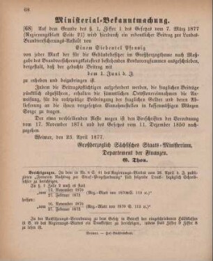 68. Ministerial-Bekanntmachung, das Ausschreiben eines ordentlichen Beitrags zur Landes-Brandversicherungsanstalt betreffend