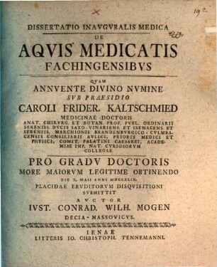 Diss. inaug. ... de aquis medicatis Fachingensibus