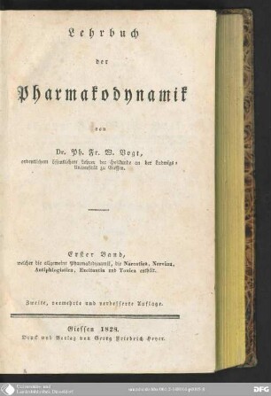 1: Welcher die allgemeine Pharmakodynamik, die Narcotica, Nervina, Antiphlogistica, Excitantia und Tonica enthält