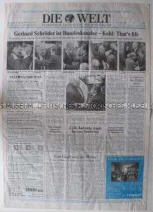 Tageszeitung "Die Welt" mit Leitartikel über die Wahl von Gerhard Schröder zum Bundeskanzler