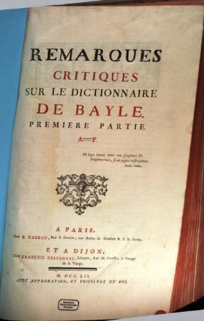 Remarques Critiques Sur Le Dictionnaire De Bayle, 1. A - F