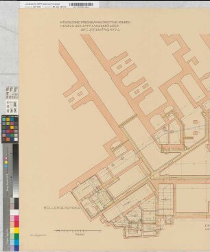 Neubau des Empfangsgebäudes [Bahnhof] Gelsenkirchen: Grundriß Kellergeschoß mit eingezeichneten Versorgungsleitungen [2~Exemplare], M.~1:100