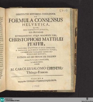 Dissertatio Historico-Theologica De Formula Consensus Helvetica